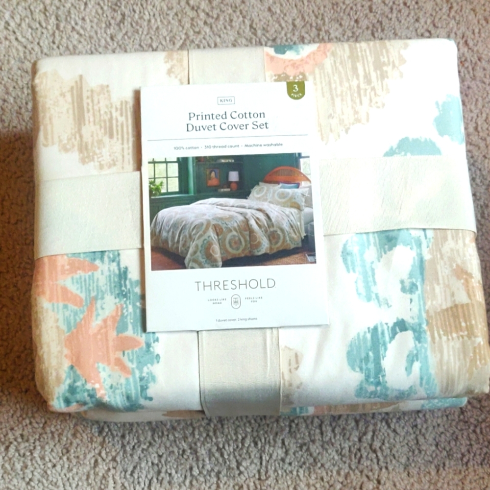 New!Threshold Printed Cotton King Duvet Cover Set - Cream and Tan